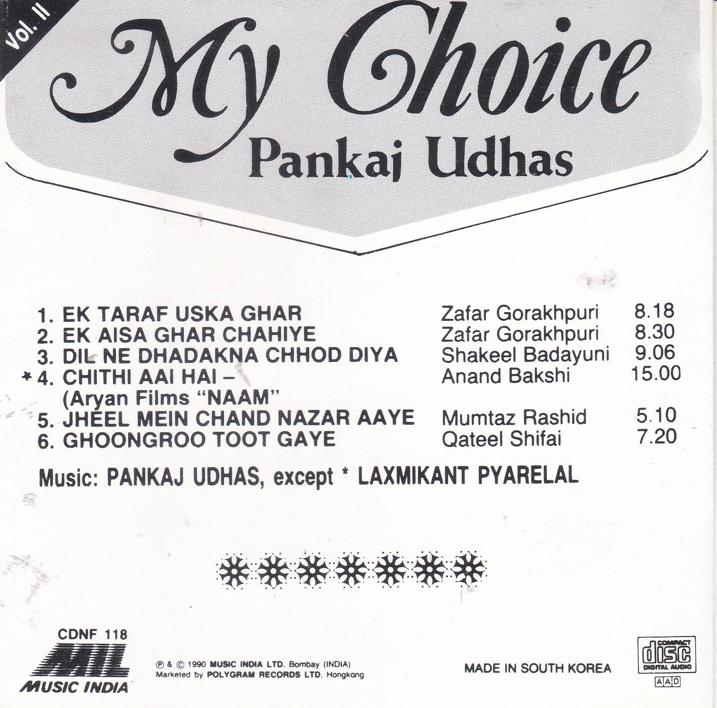 (image for) Pankaj Udhas My Choice Ghazals Music India CD