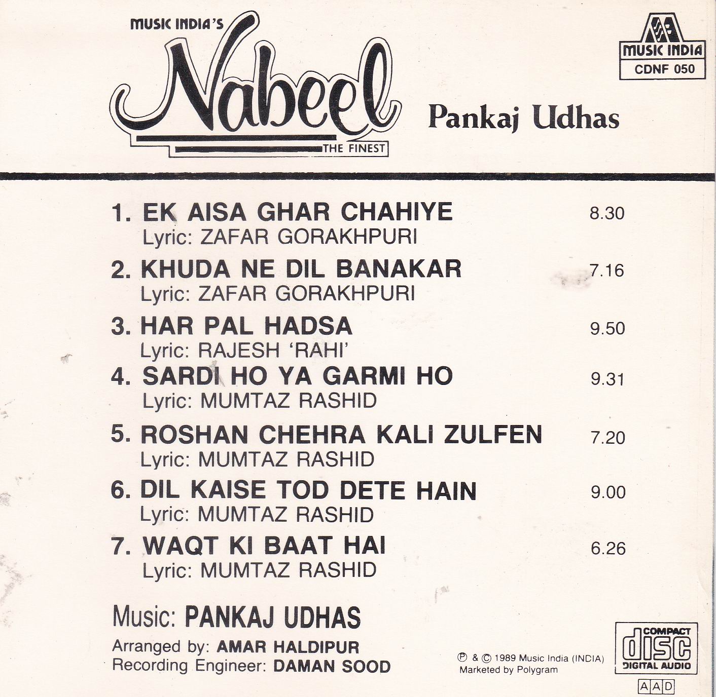 (image for) Pankaj Udhas Nabeel Ghazals Music India CD