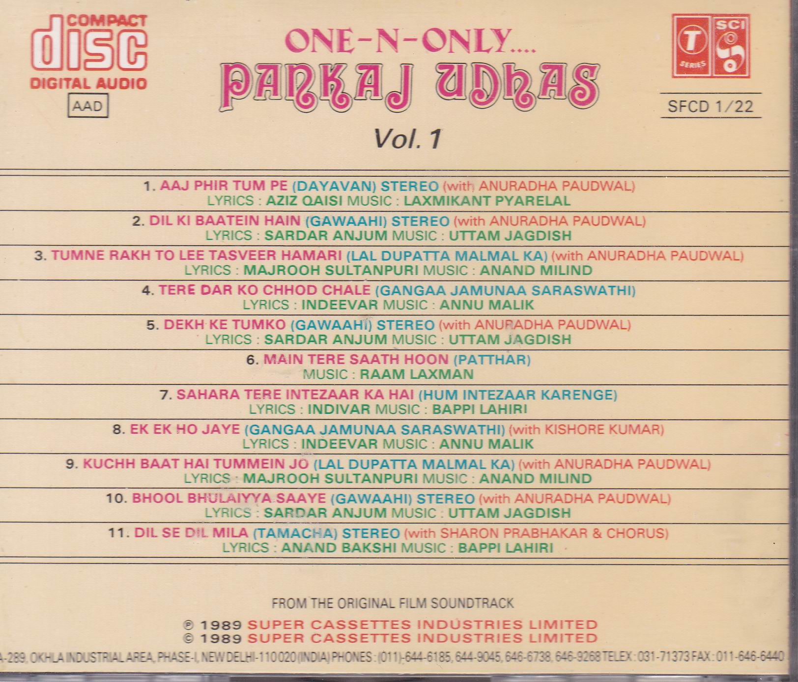 (image for) Pankaj Udhas One & Only Film Hits T Series CD