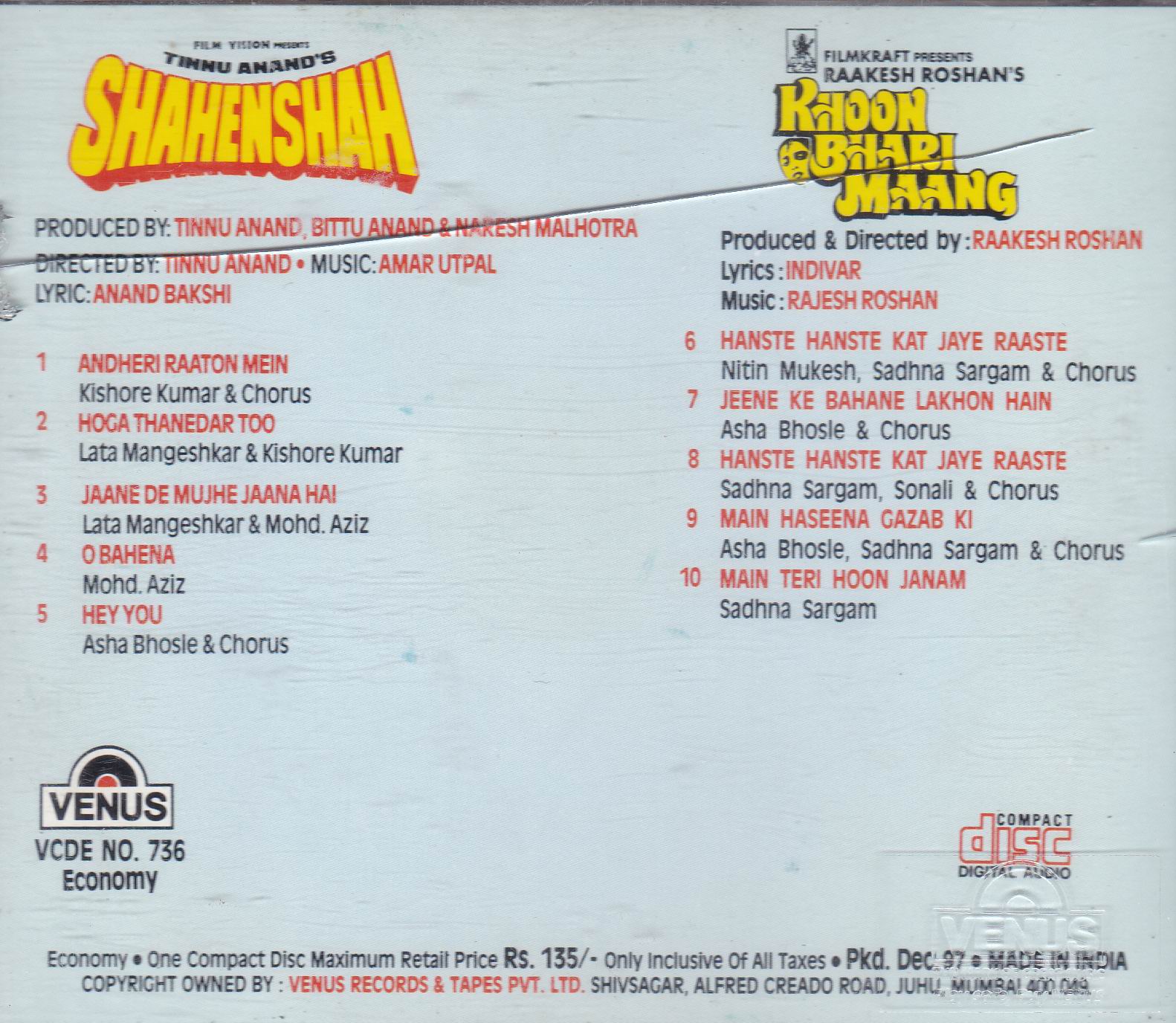 (image for) Indian Cd Shahenshah Khoon Bhari Maang Venus CD