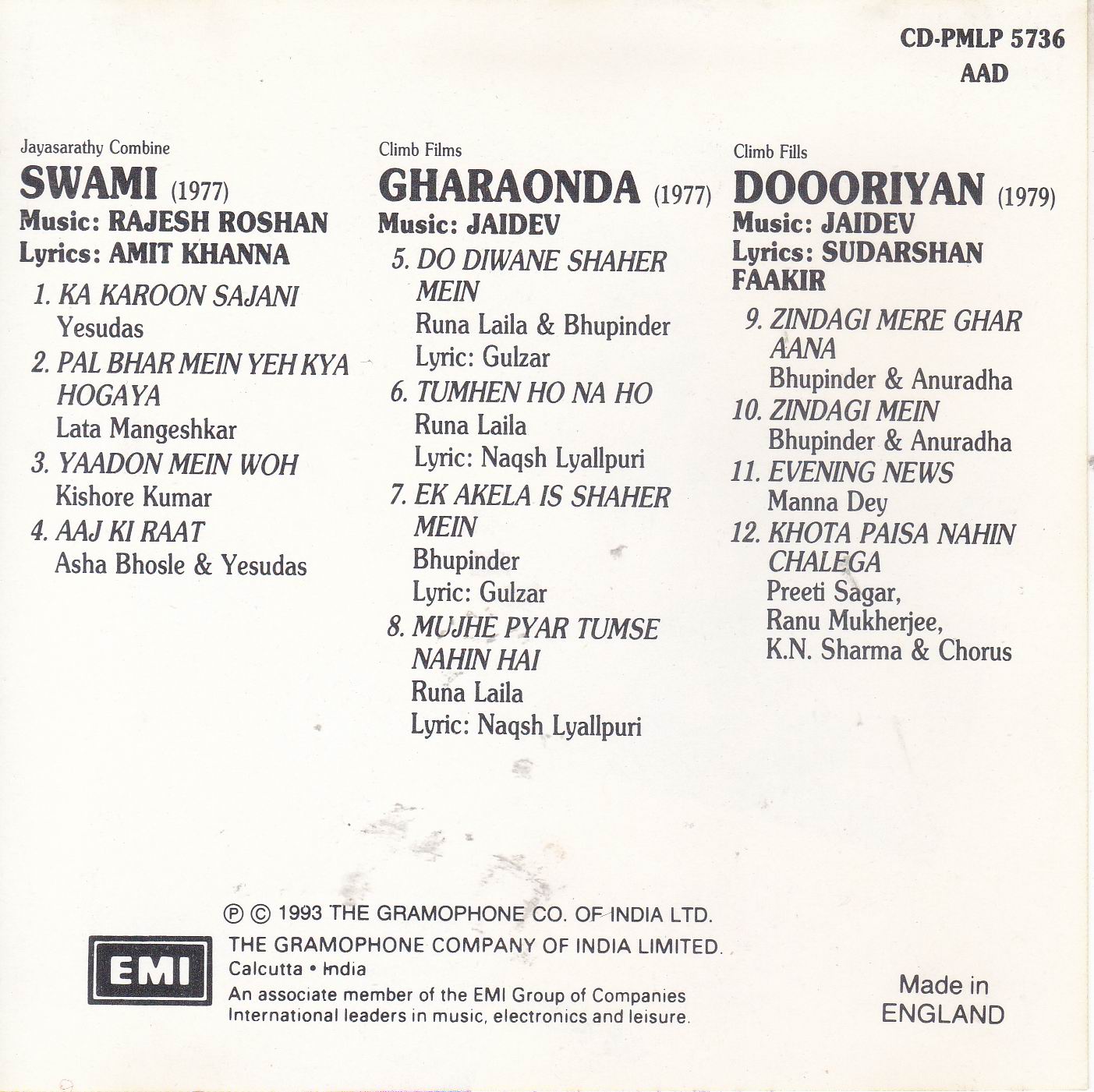 (image for) Indian Cd Swami Gharonda Dooriyan EMI CD
