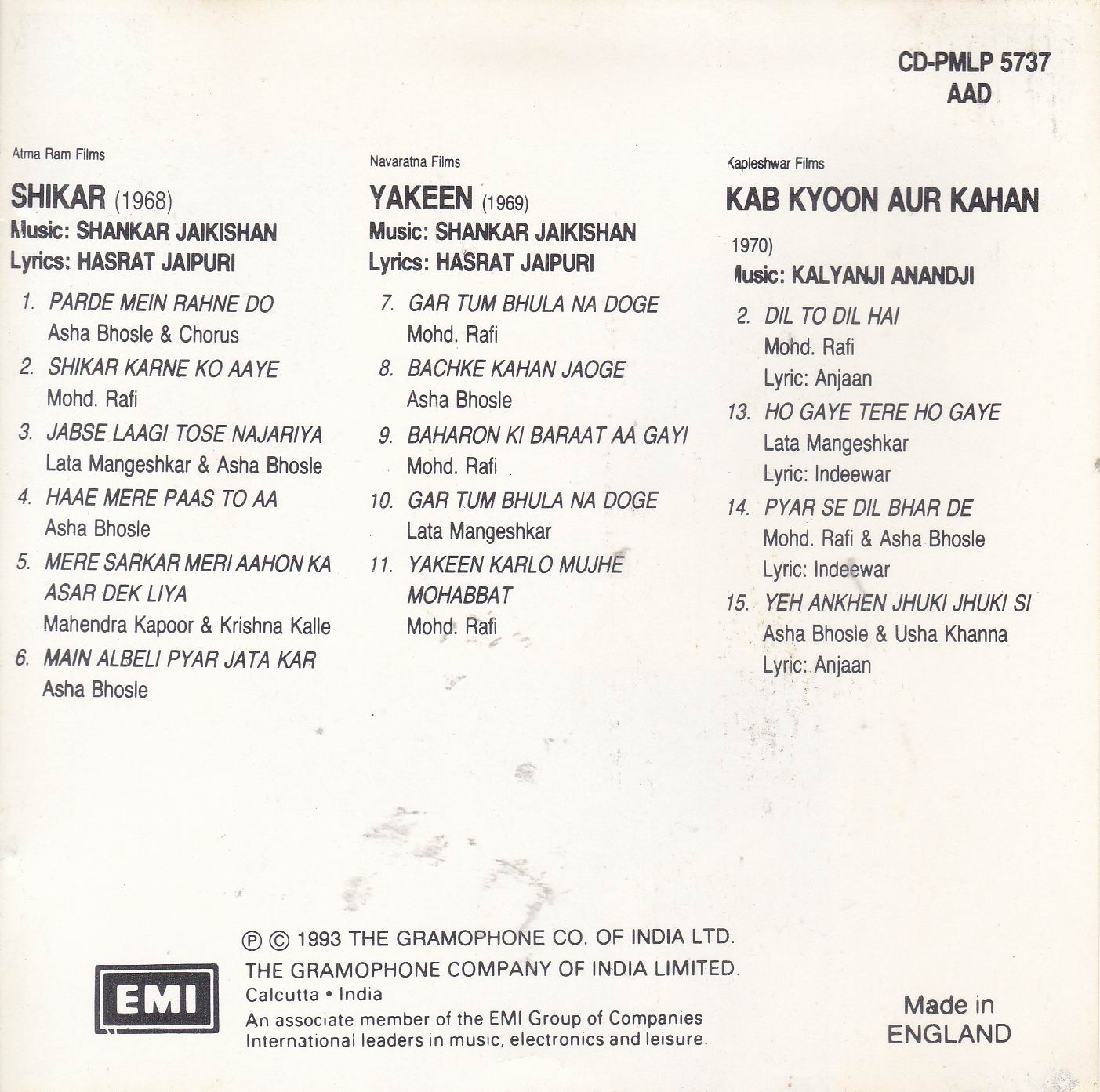 (image for) Indian Cd Shikar Yakeen Kab Kyoon Aur Kahan EMI CD