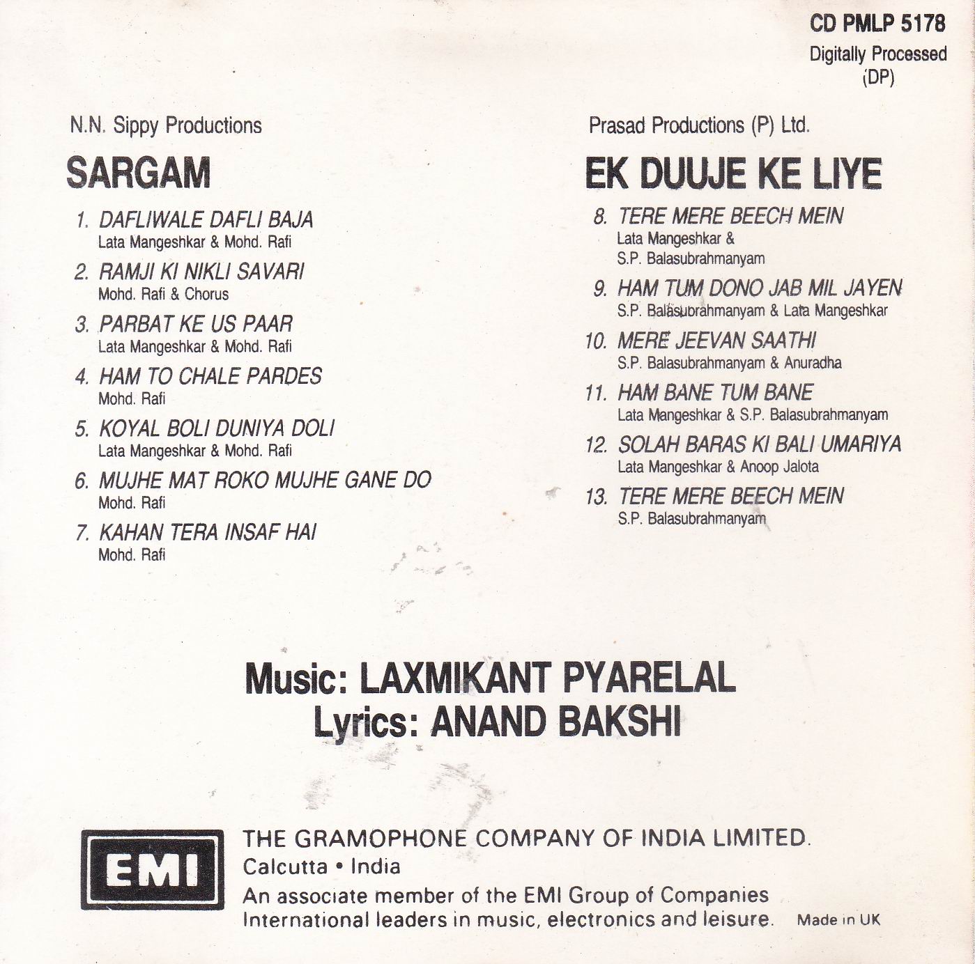 (image for) Indian Cd Sargam Ek Duje Ke Kiye EMI CD