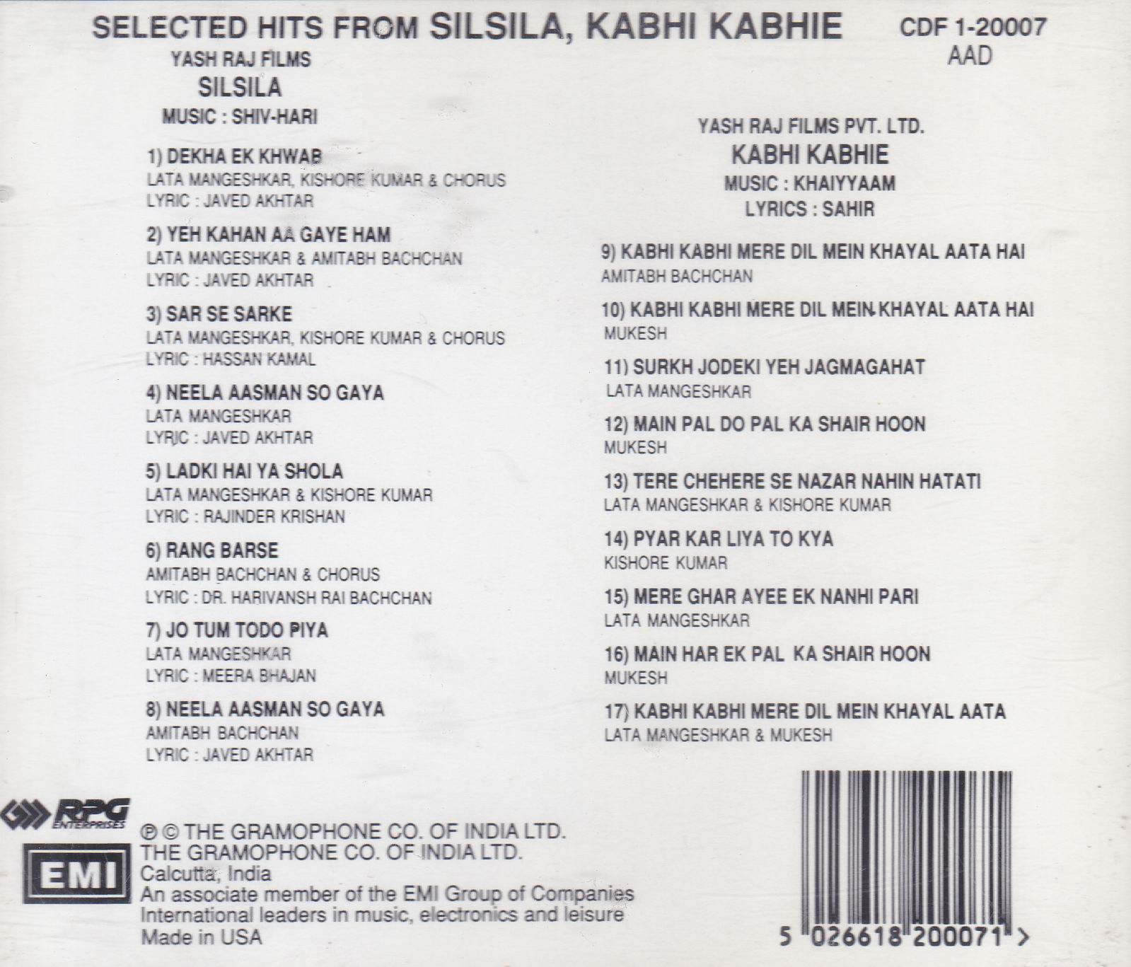 (image for) Indian Cd Silsila Kabhi Kabhi EMI CD