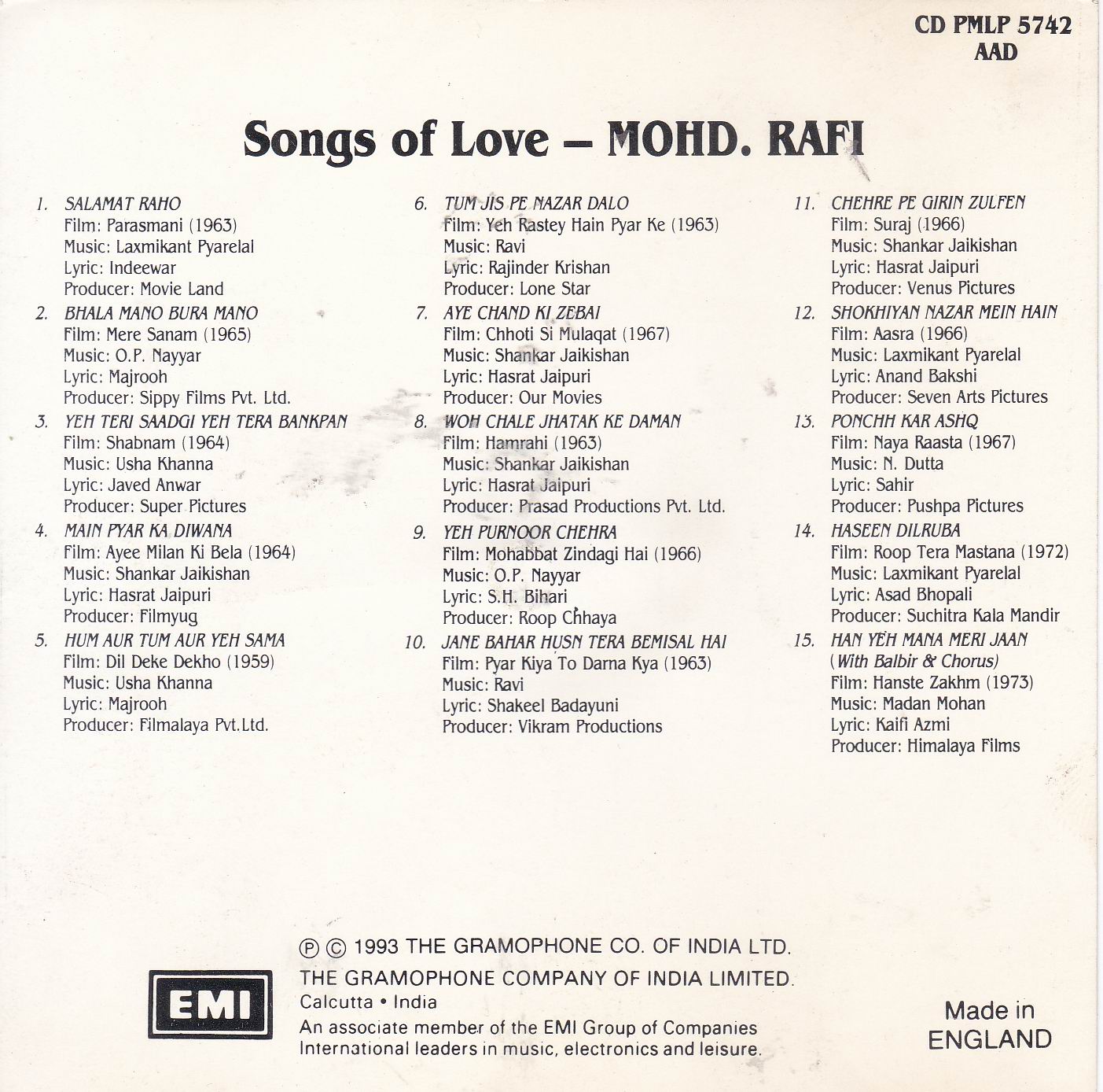 (image for) Songs Of Love Mohammad Rafi EMI CD