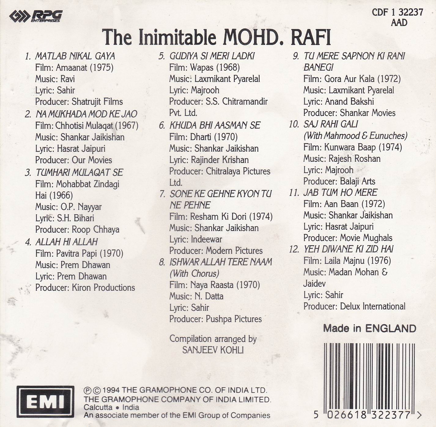 (image for) The Inimitable Mohammad Rafi EMI CD