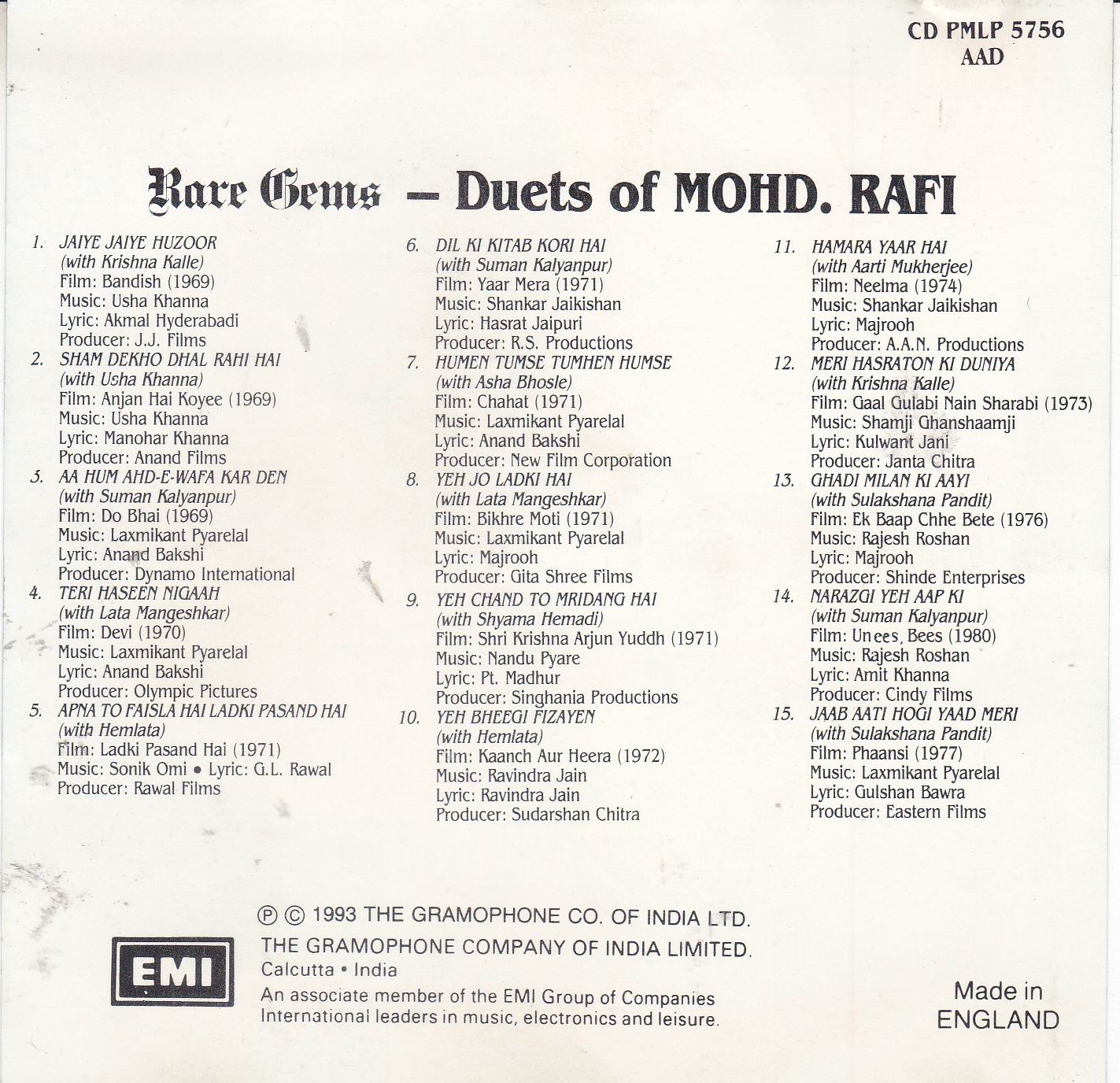 (image for) Rare Gems Duets Of Mohammad Rafi EMI CD