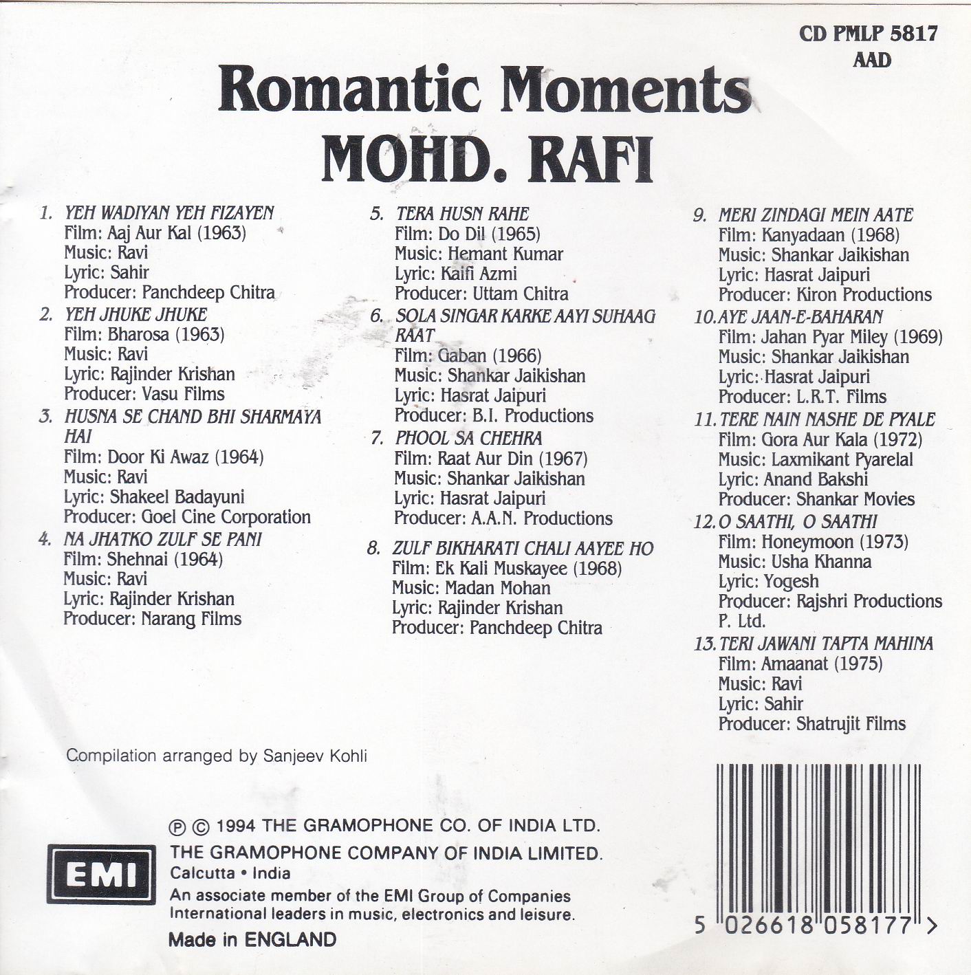 (image for) Romantic Moments Mohammad Rafi EMI CD