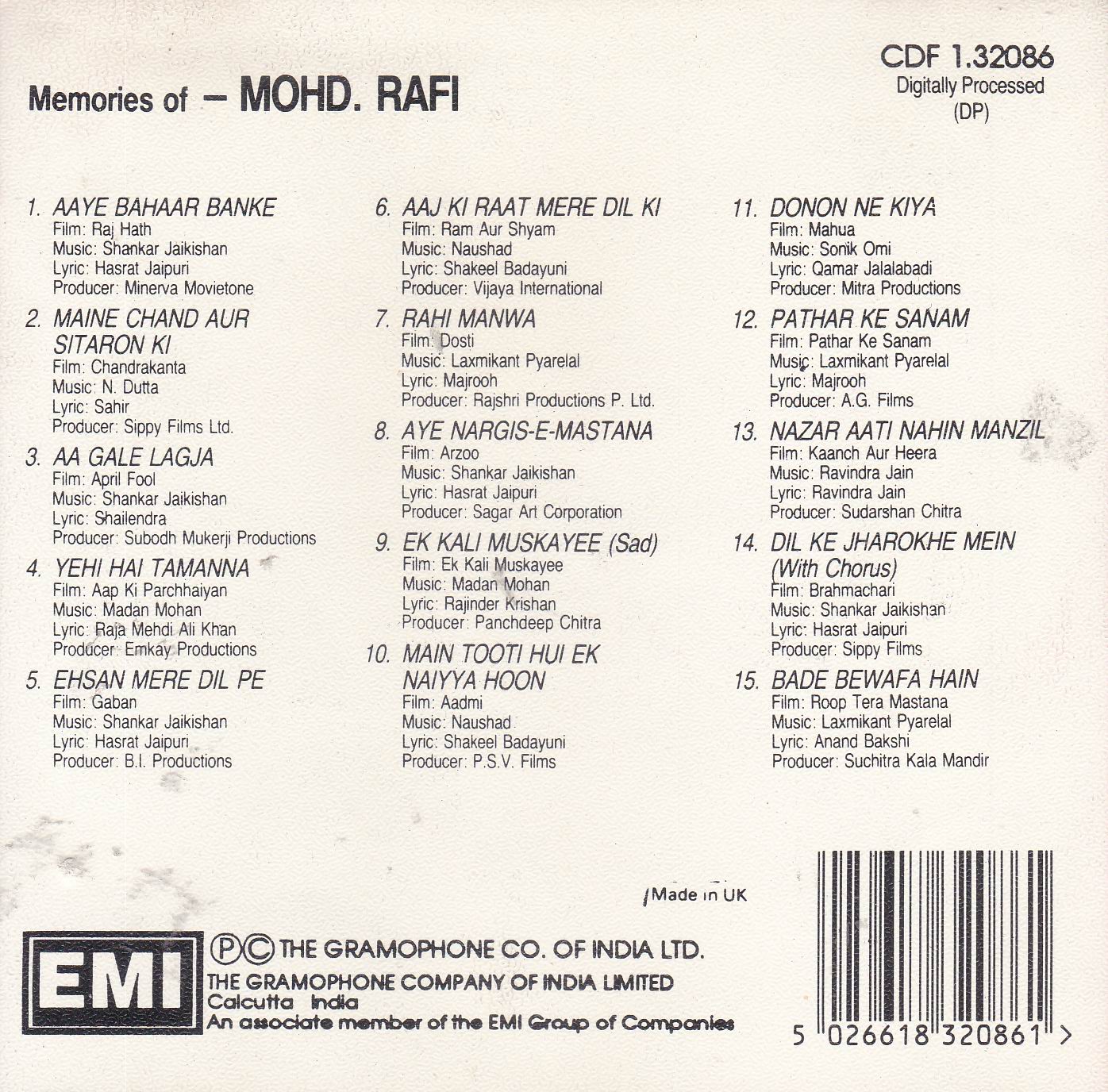 (image for) Memories Of Mohammad Rafi EMI CD