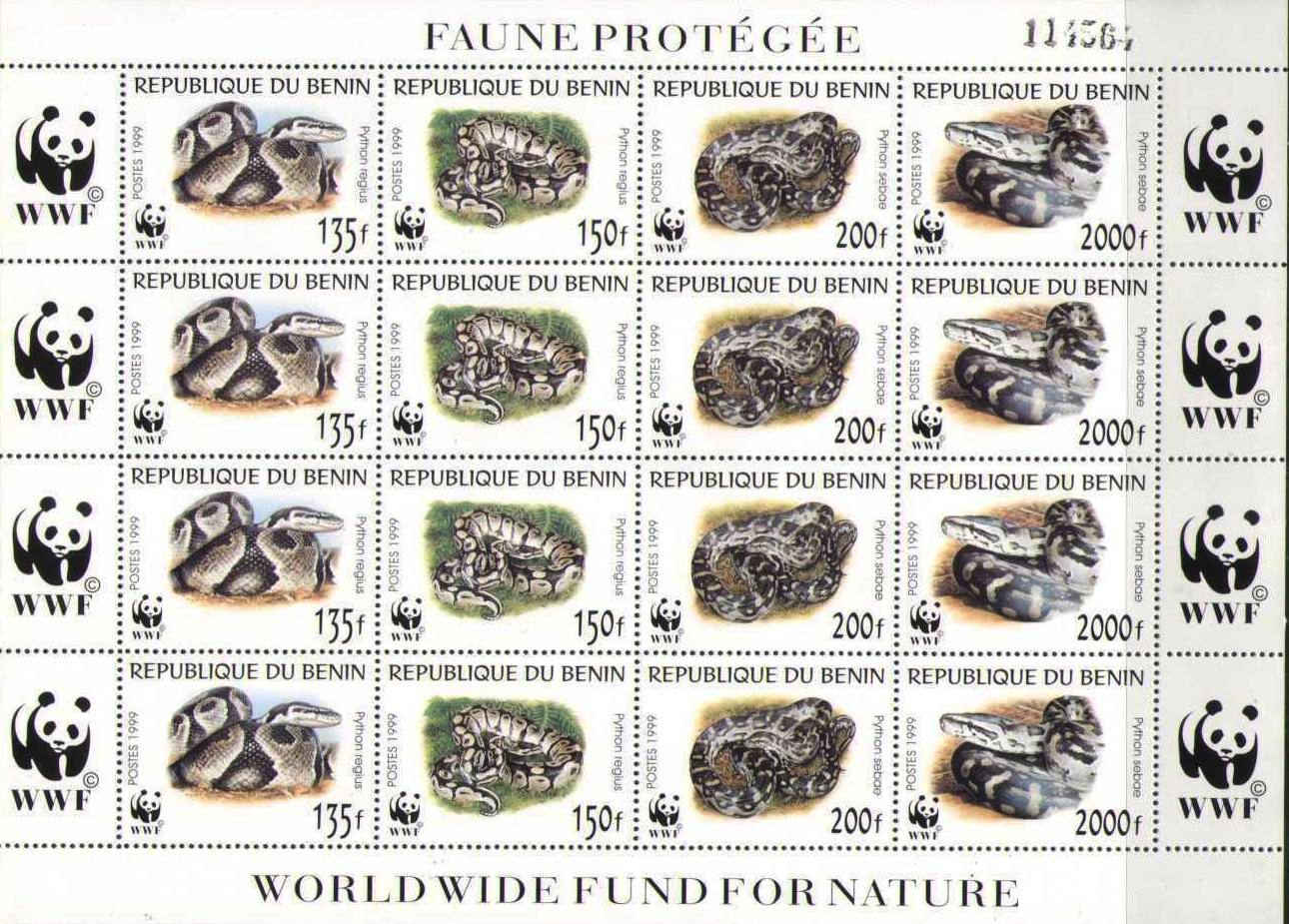 (image for) WWF Benin 1999 Stamps Sheet Python Snakes MNH