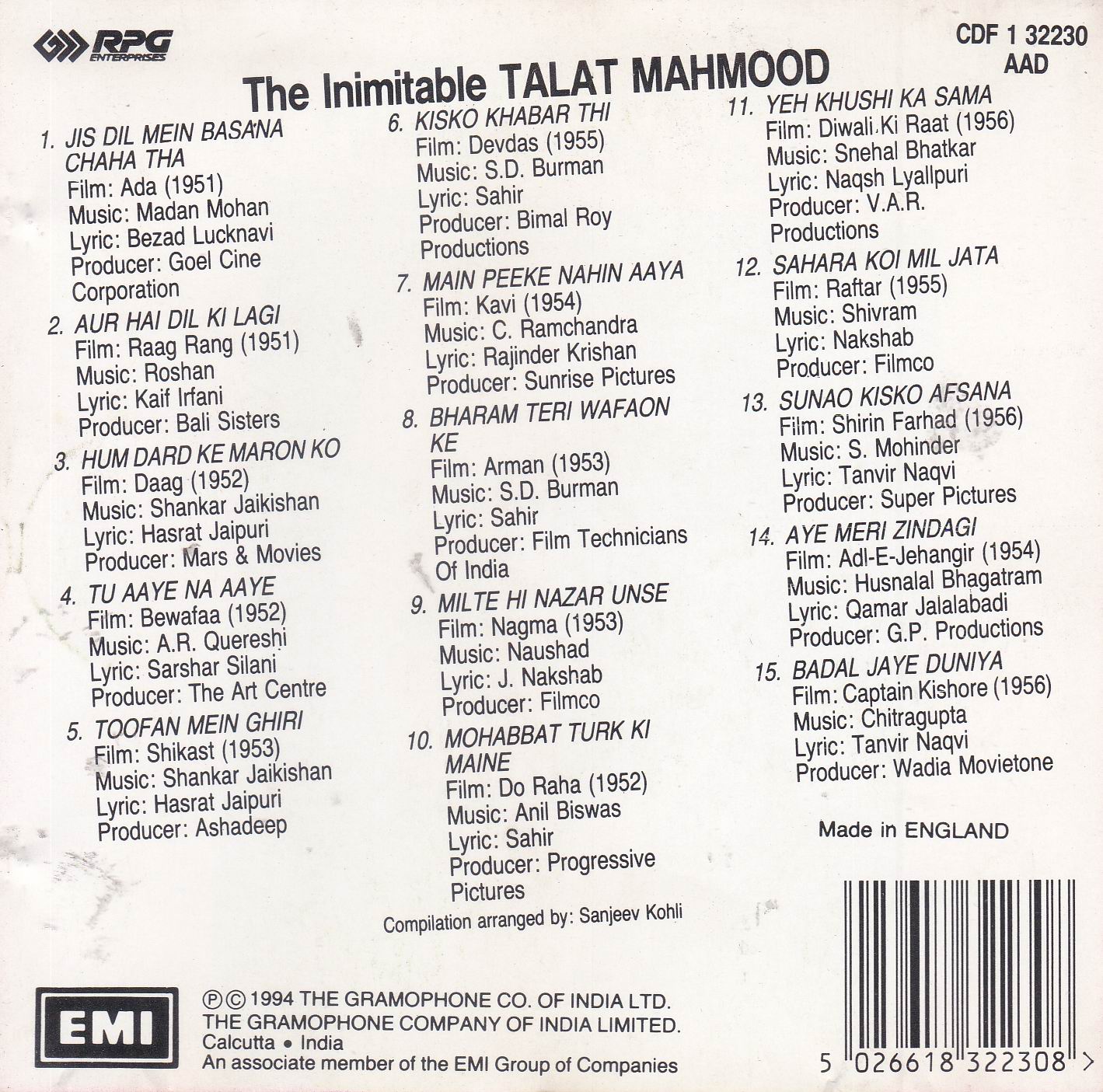 (image for) The Inimitable Talat Mahmood EMI CD