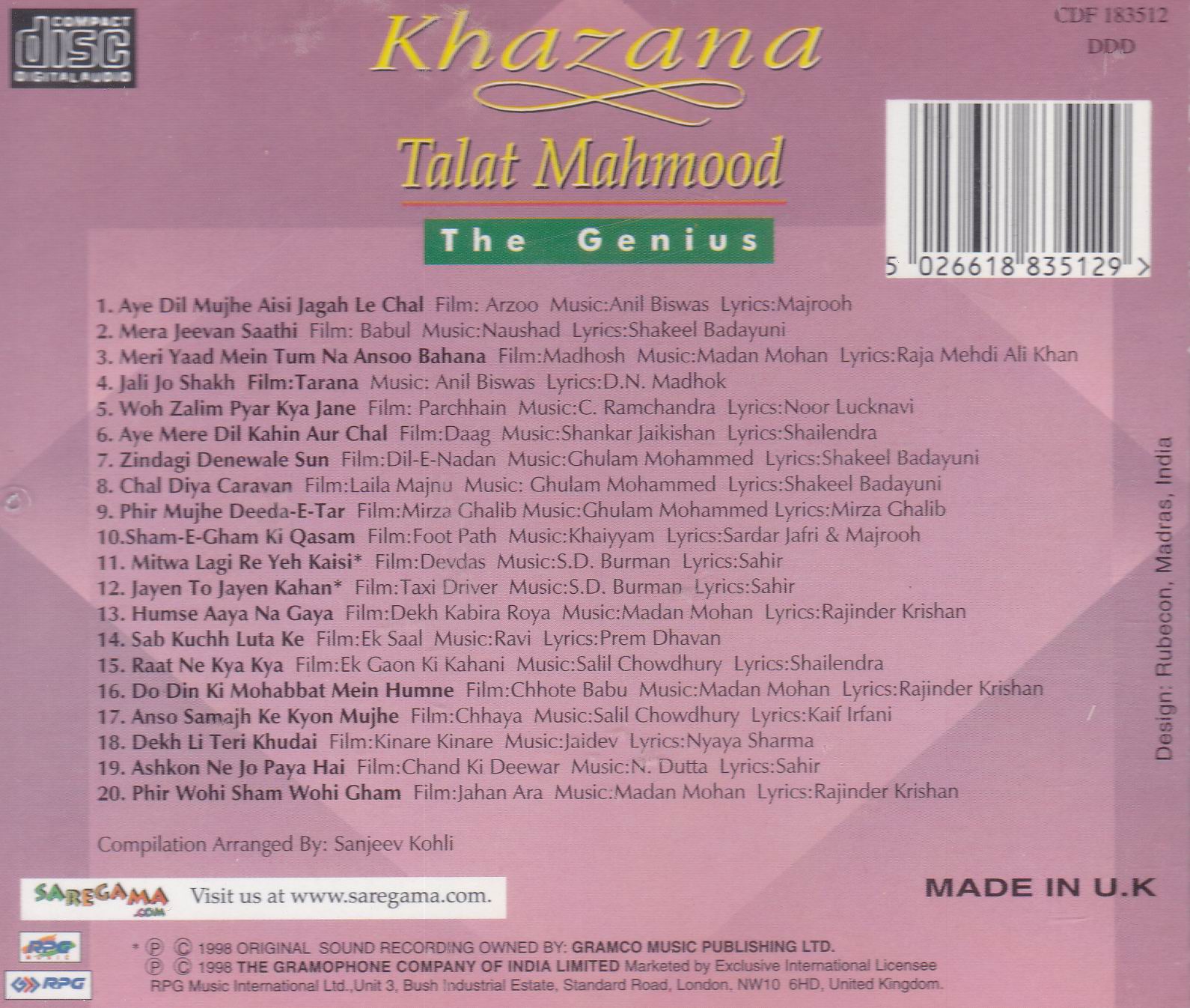(image for) Khazana Talat Mahmood EMI CD