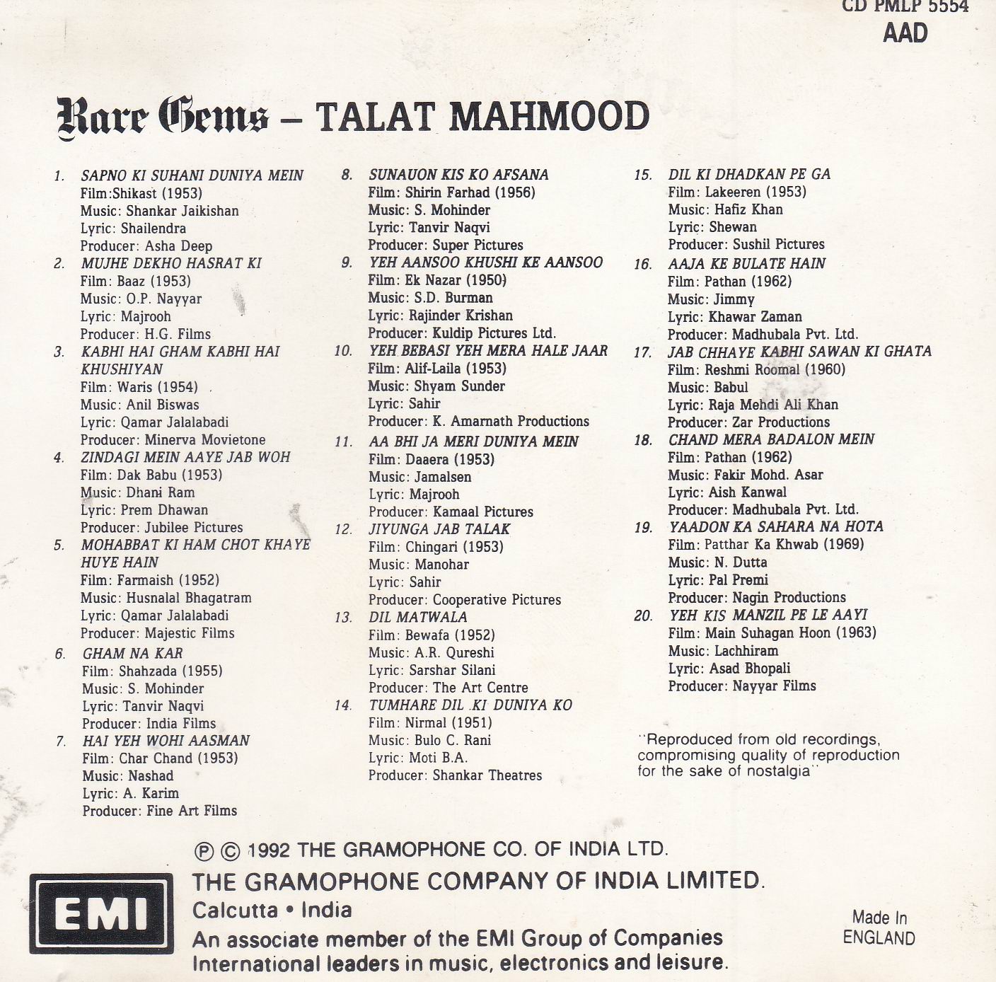 Rare Gems Talat Mahmood EMI CD - Click Image to Close