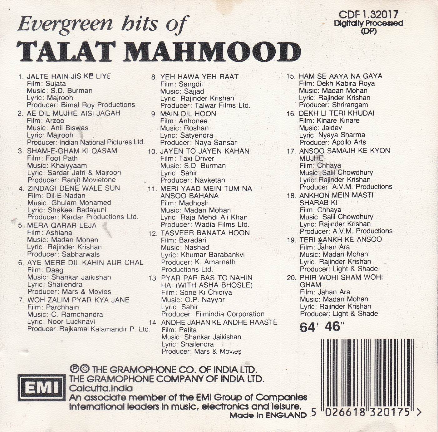 (image for) Evergreen Hits Talat Mahmood EMI CD