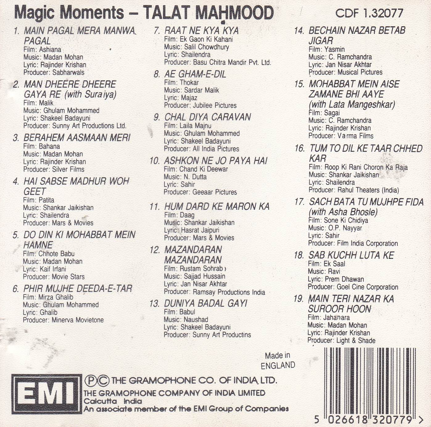 Magic Moments Talat Mahmood EMI CD - Click Image to Close