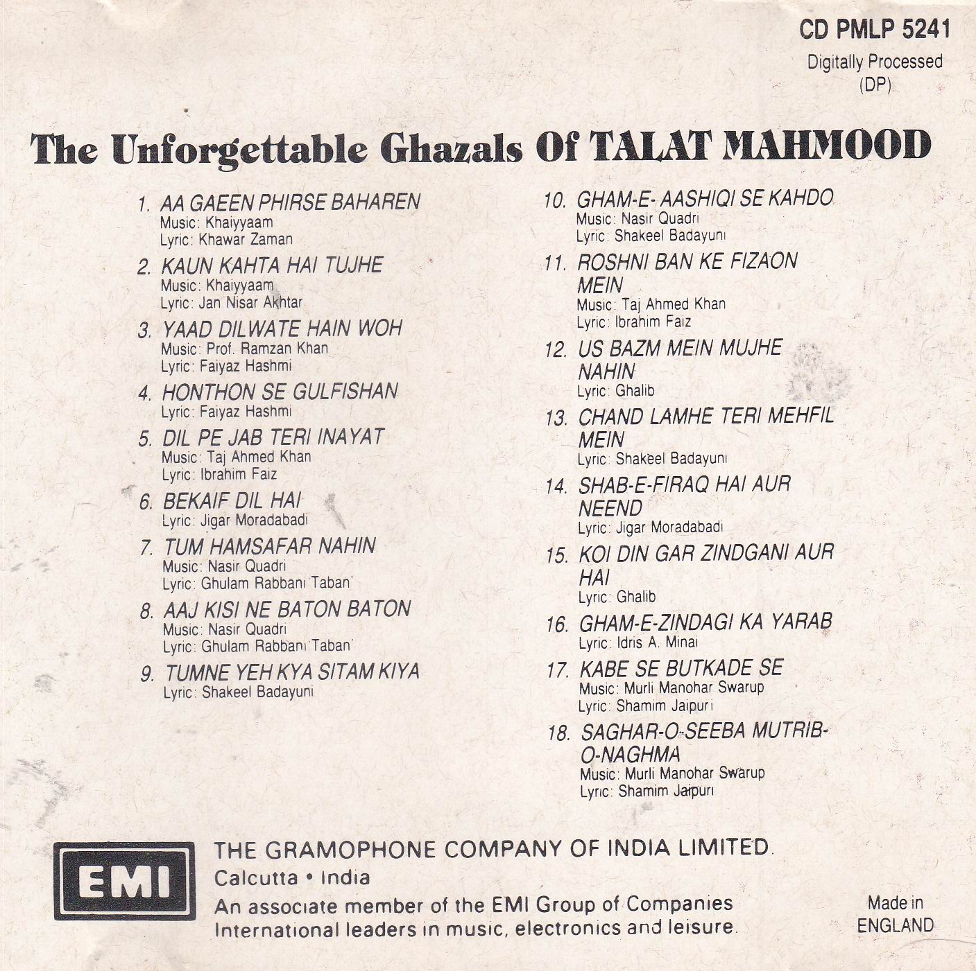 The Unforgettable Ghazals Talat Mahmood EMI CD - Click Image to Close