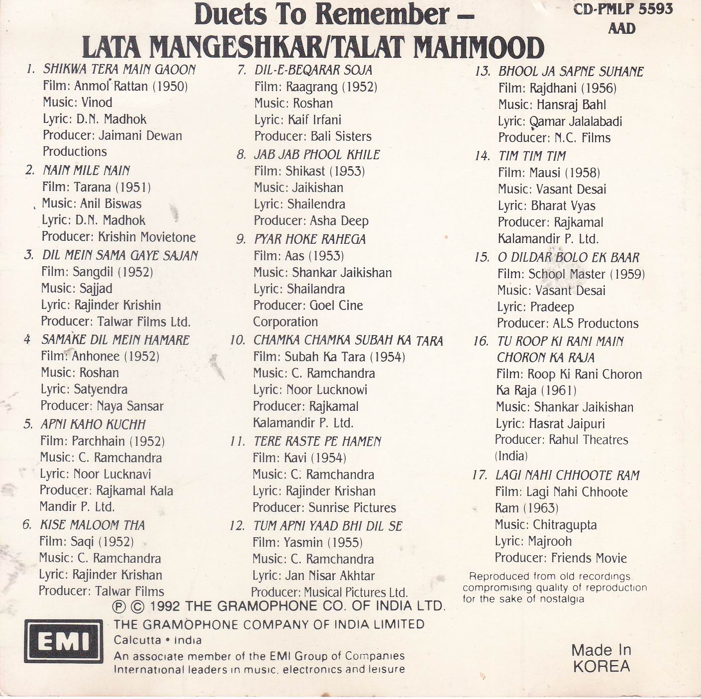 Duets To Remember Talat Mahmood EMI CD - Click Image to Close