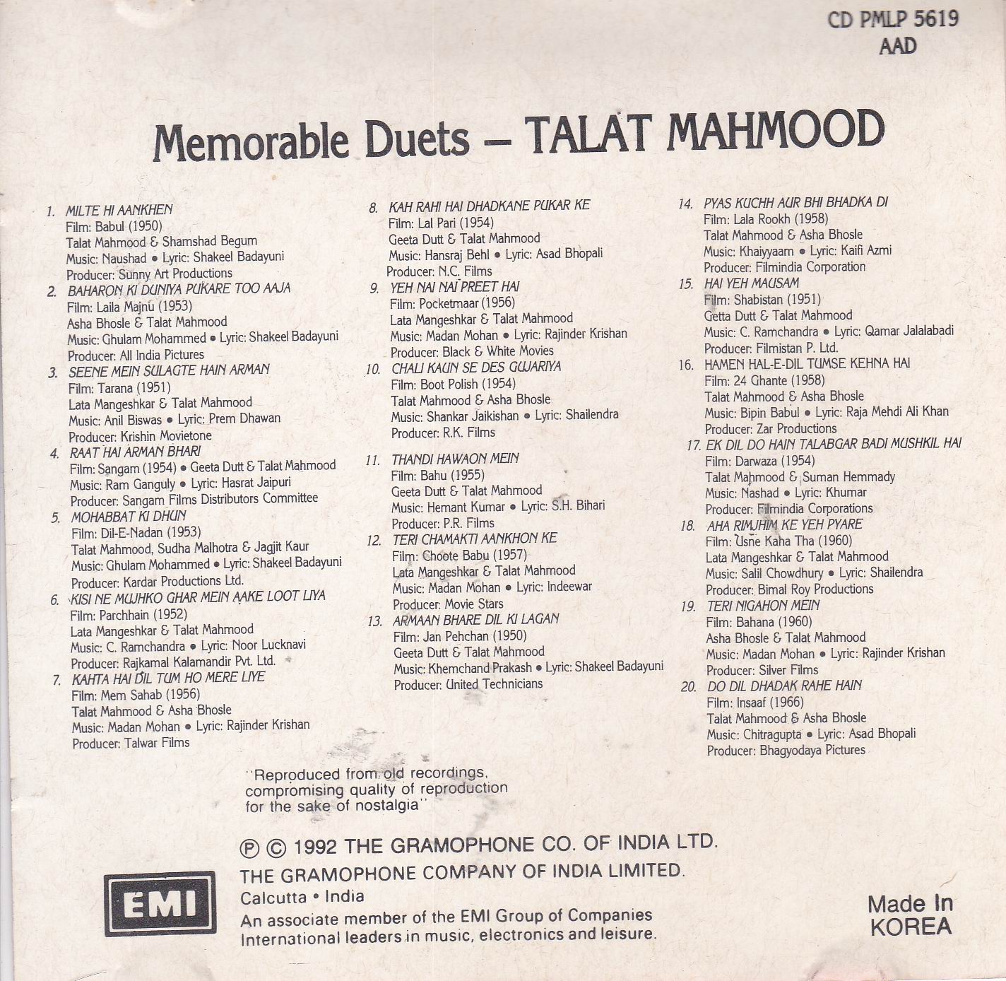 Memorable Duets Talat Mahmood EMI CD - Click Image to Close