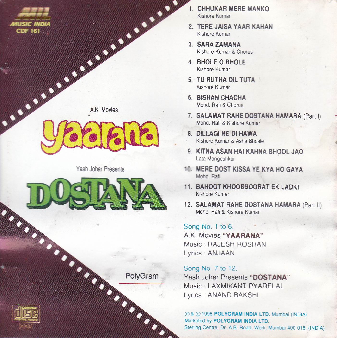 (image for) Indian Cd Yaarana Dostana Music India CD