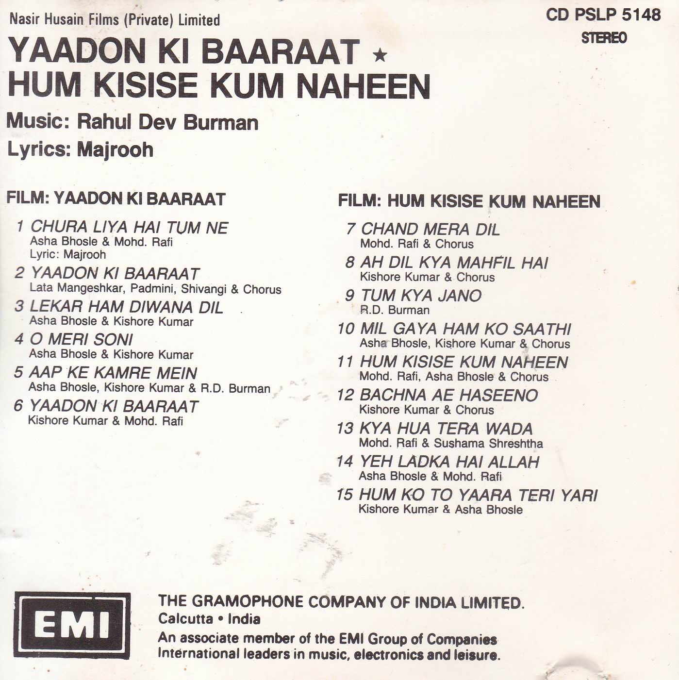 (image for) Indian Cd Yaadon Ki Baarat Hum Kisi Se Kum Nahin EMI CD