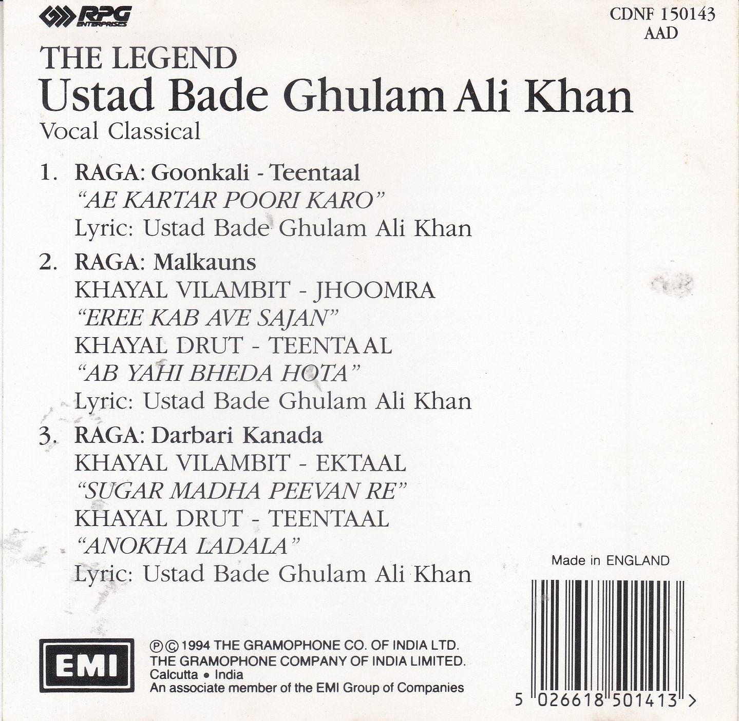 (image for) Bade Ghulam Ali Khan EMI CD