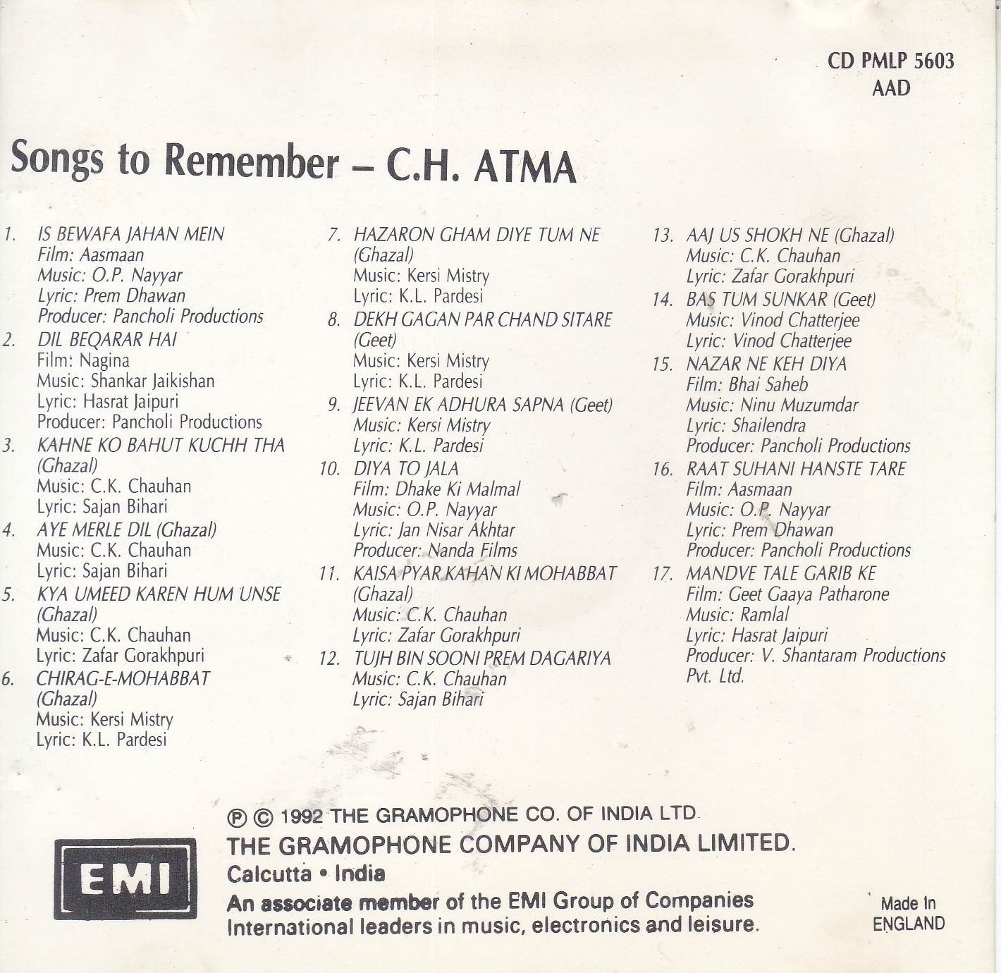(image for) Songs To Remember C H Atma EMI CD