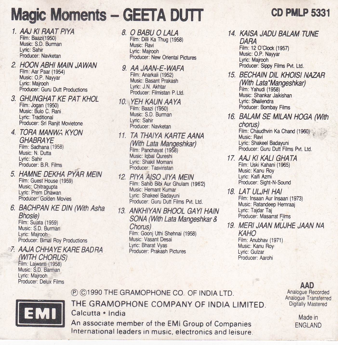 (image for) Magic Moments Geeta Dutt EMI CD