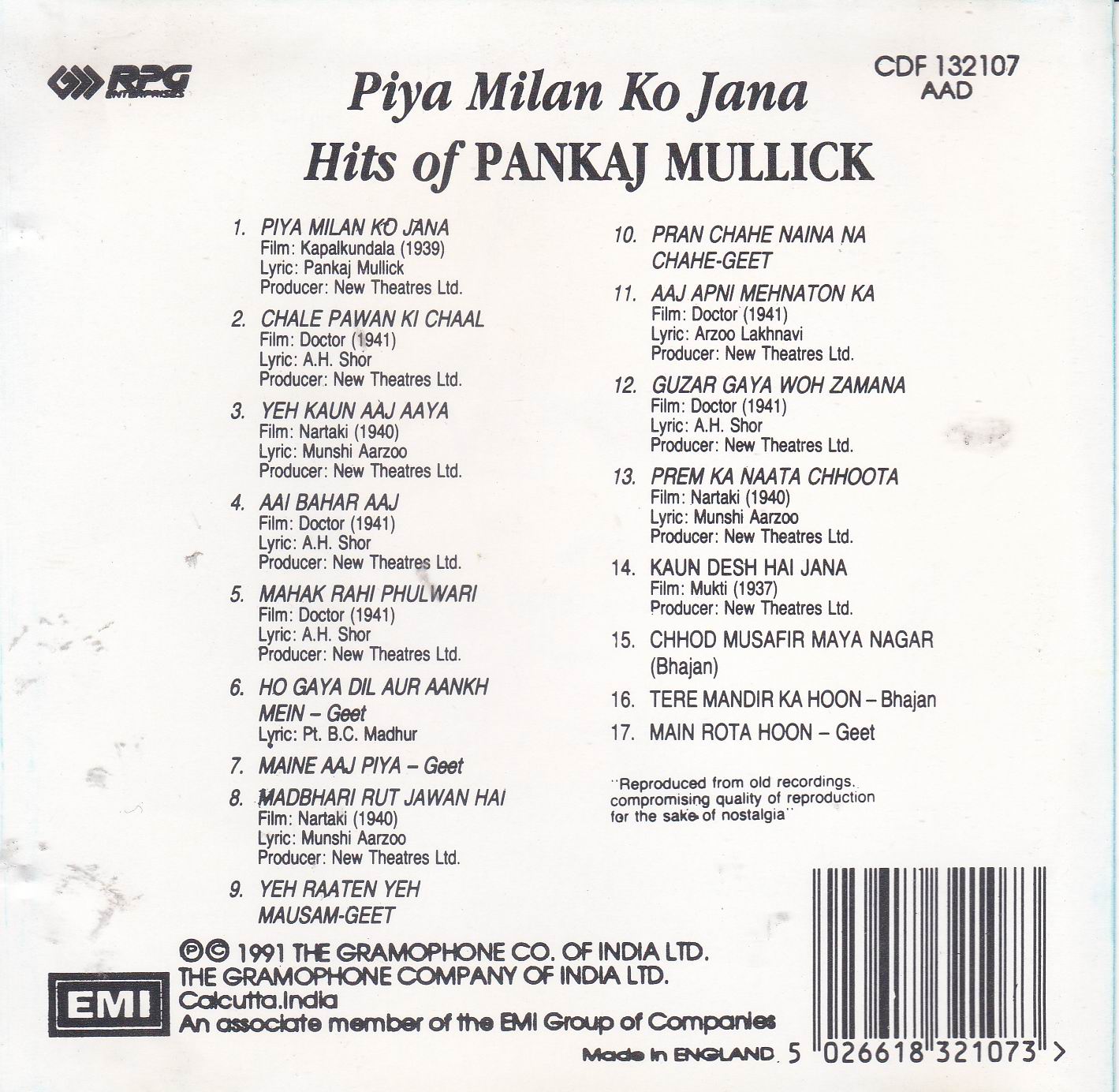 (image for) Pankaj Mullick Piya Milan Ko Jana EMI CD