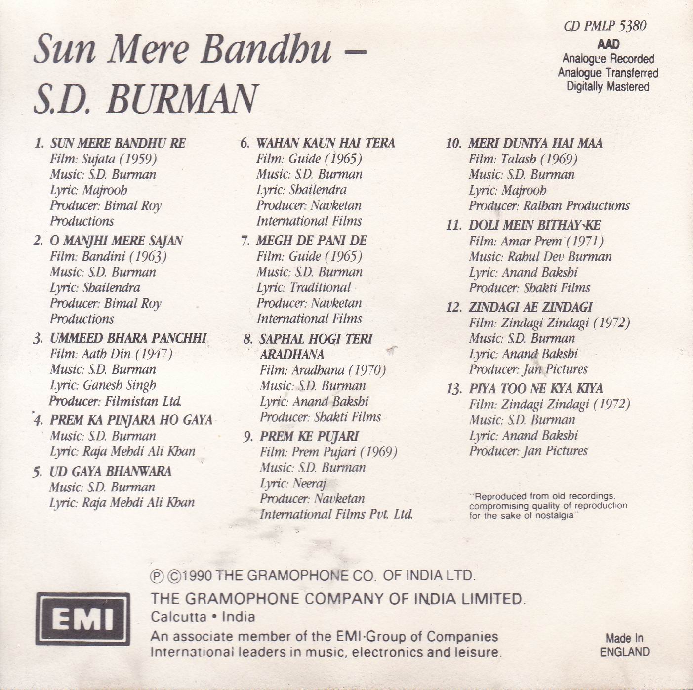 (image for) Sun Mere Bandhu S D Burman EMI CD