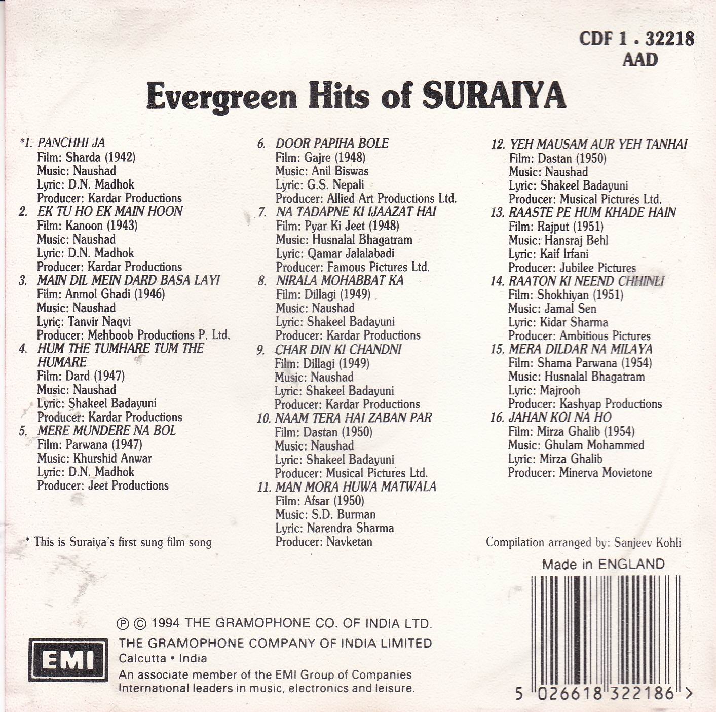 (image for) Evergreen Hits Of Suraiya EMI CD