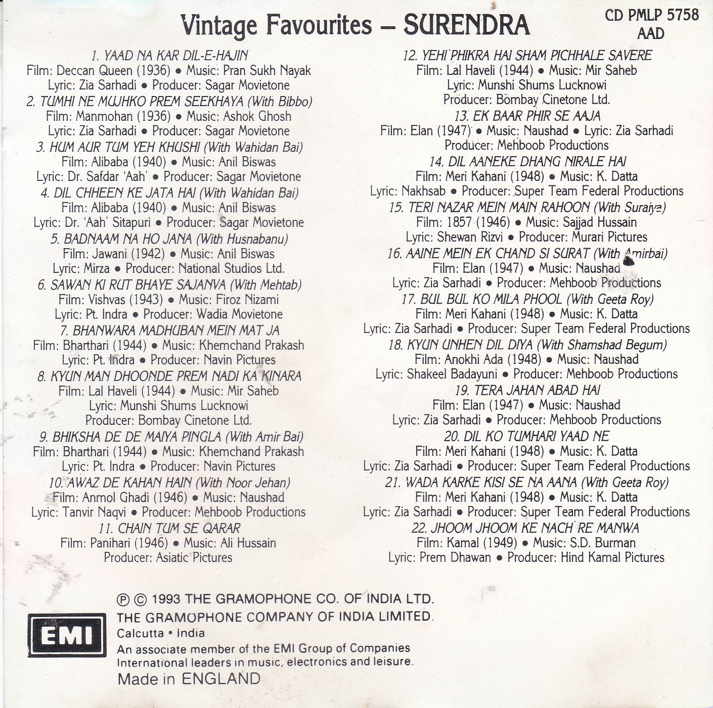 (image for) Vintage Favourites Surendra EMI CD