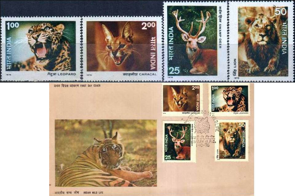India 1976 Fdc Brochure Stamps Wildlife Lions Tiger Leopard Cat - Click Image to Close