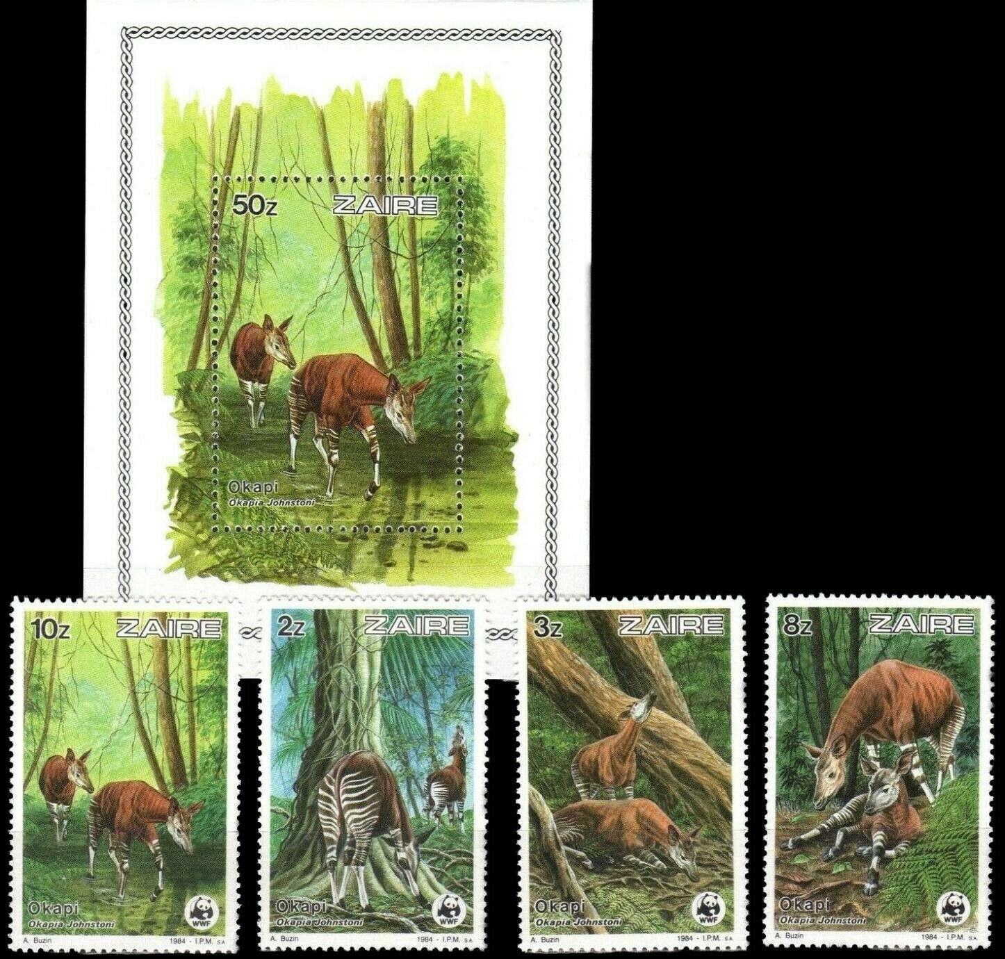 (image for) WWF Zaire 1987 S/Sheet & Stamps Okapi