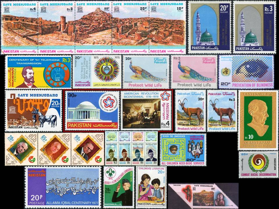 (image for) Pakistan Stamps 1976 Year Pack Moenjodaro Quaid e Azam Gold