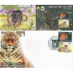 WWF Bhutan 2010 WWF Year Of Tiger Fdc + 2 S/Sheets Complete Set